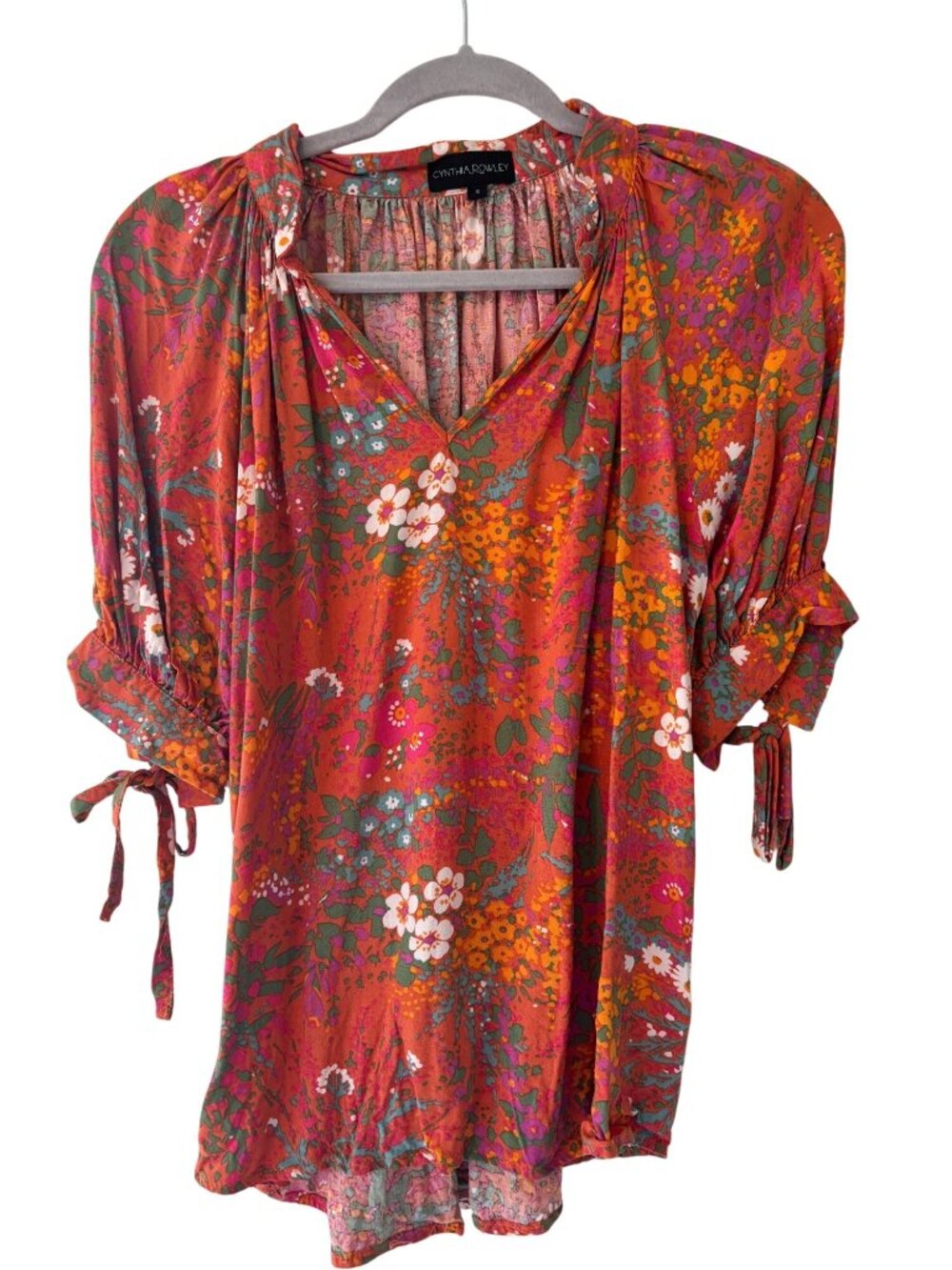 Cynthia Rowley Womens Floral Top With Adjustable Tie Sleeves Boho Vibrant S